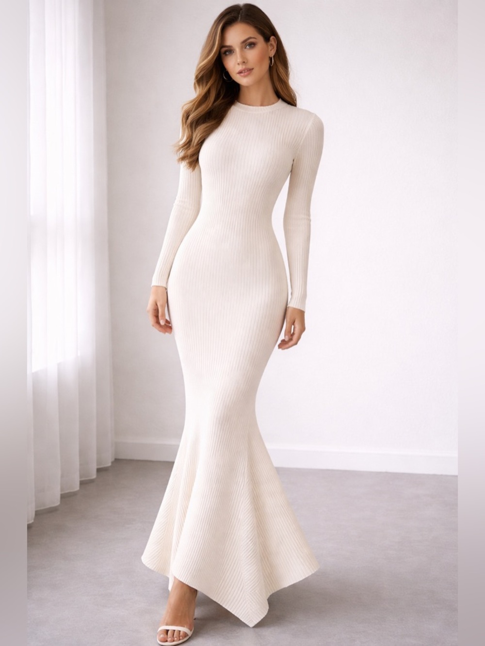 Ribbed Knit Mermaid Maxi Dress Ivory Long Sleeve Fishtail Bodycon Elegant